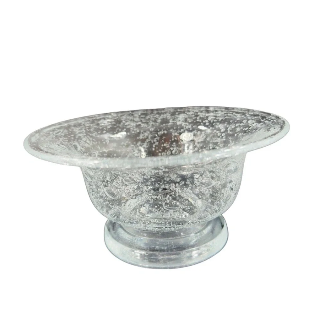 Vintage Hand Blown Footed Clear Art Glass Bowl Dish With Large Air‎ Bubbles